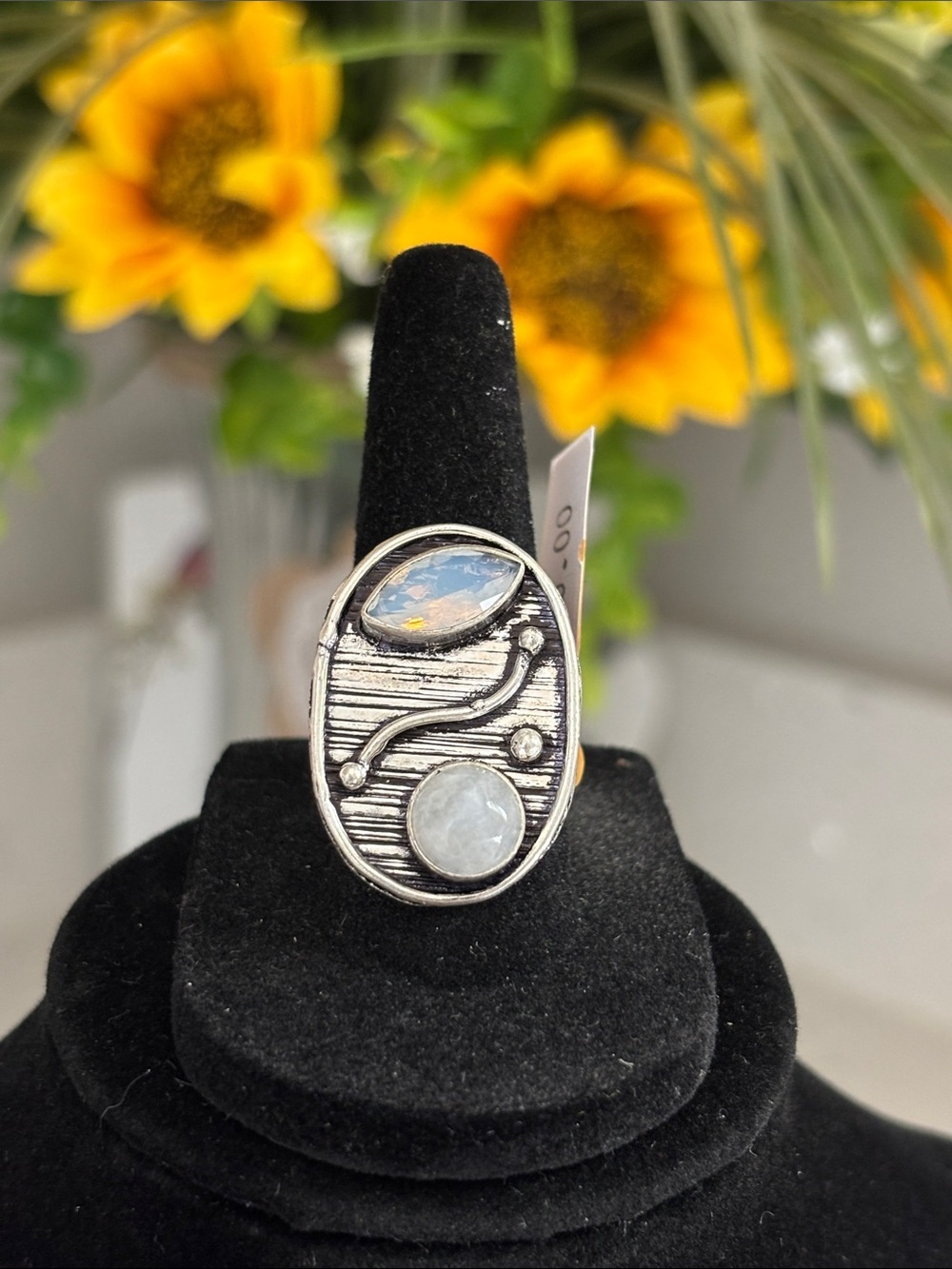 Sterling Silver Rainbow Moonstone & Opalite Statement Ring Size 7.5
